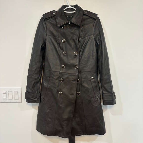 GUESS Womens Leather Jacket Small Chocolate Brown Pea Double Breasted Belt